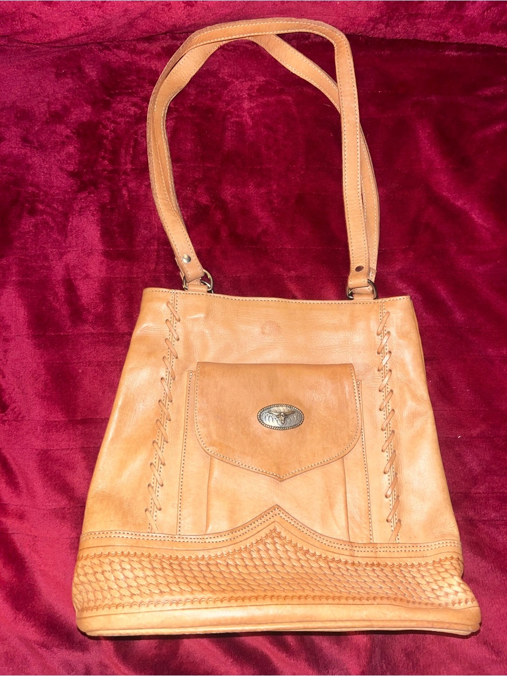 Leather Shoulder Tote in Tan with Front Flap Pocket